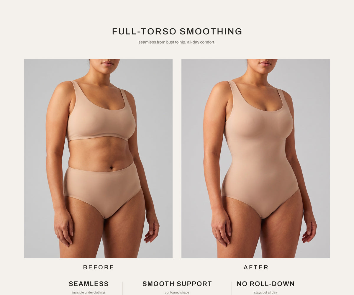 Cami Sculpt Bodysuit — before and after silhouette benefit graphic