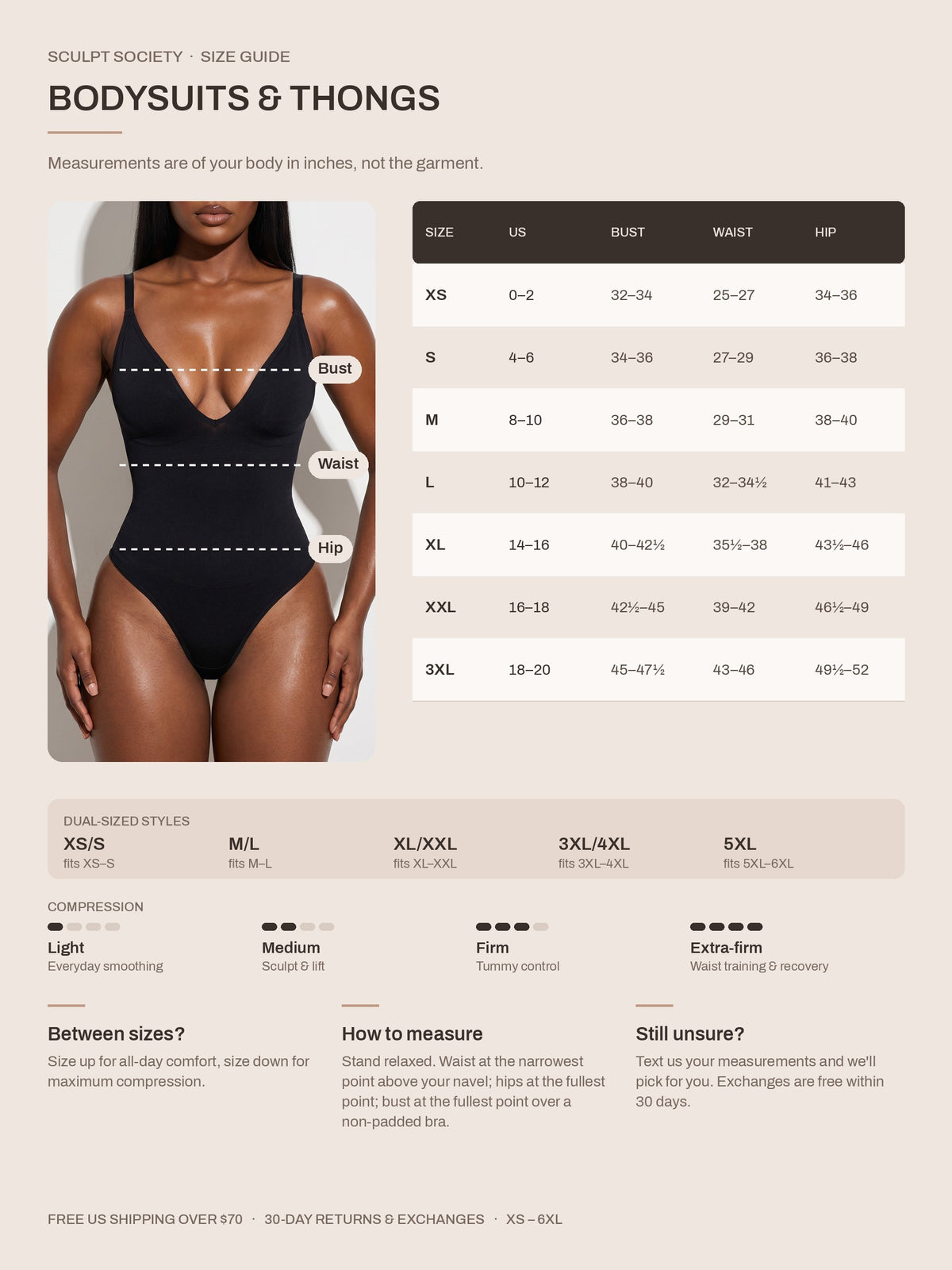 Covered-Bust Thong Bodysuit — size guide