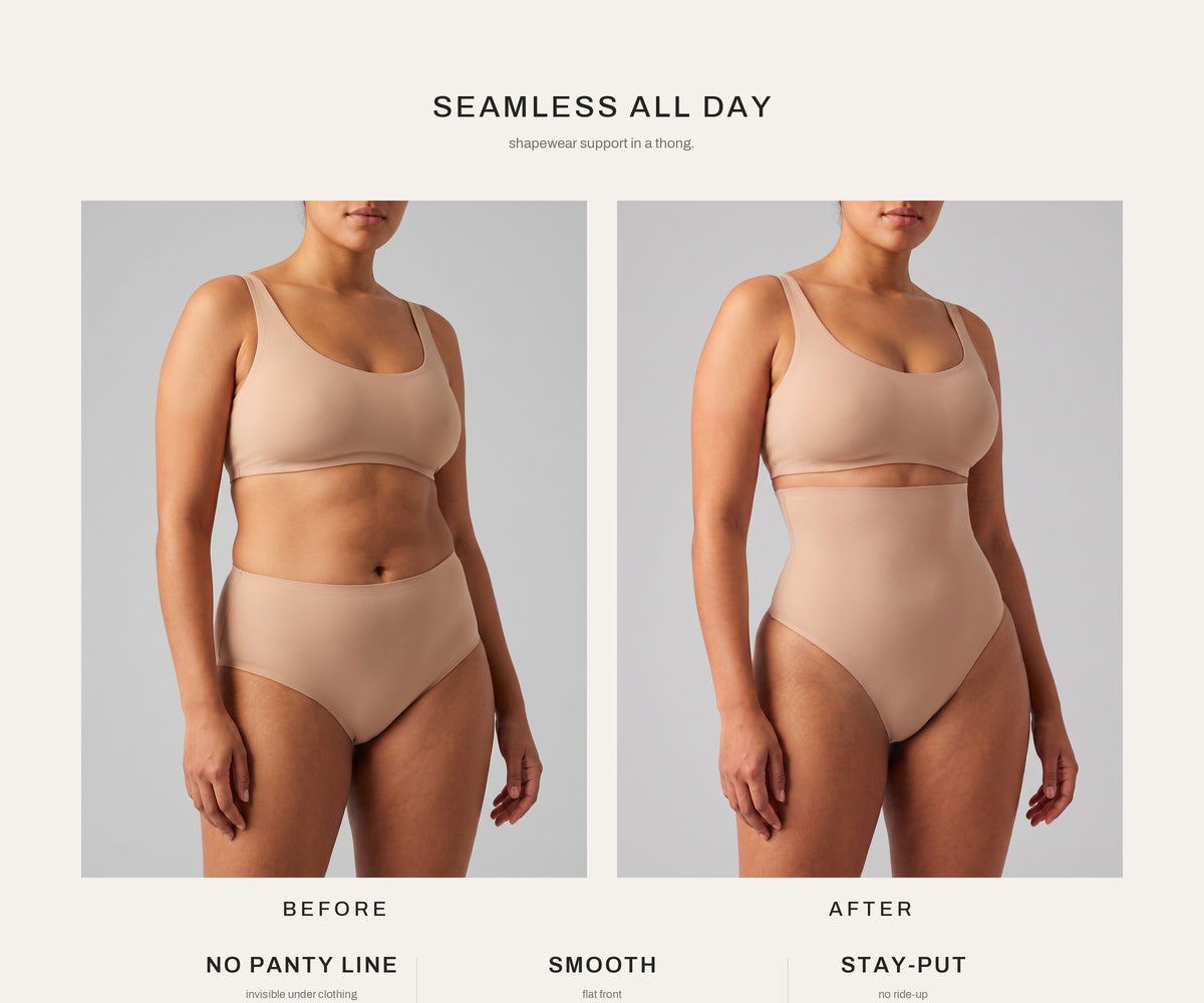 Invisible Sculpt Thong — before and after silhouette benefit graphic