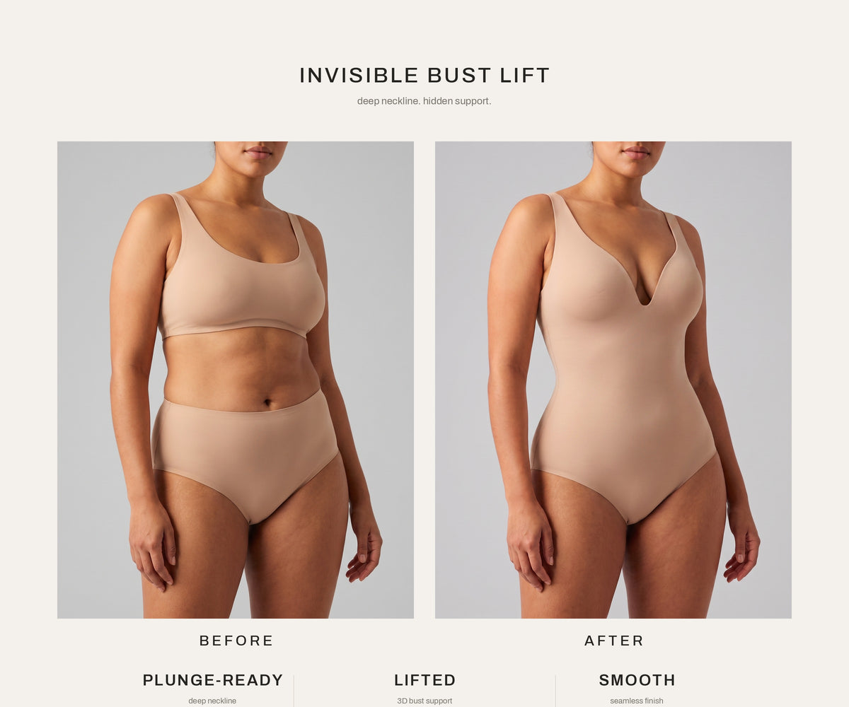 Strapless Sculpt Bodysuit — before and after silhouette benefit graphic