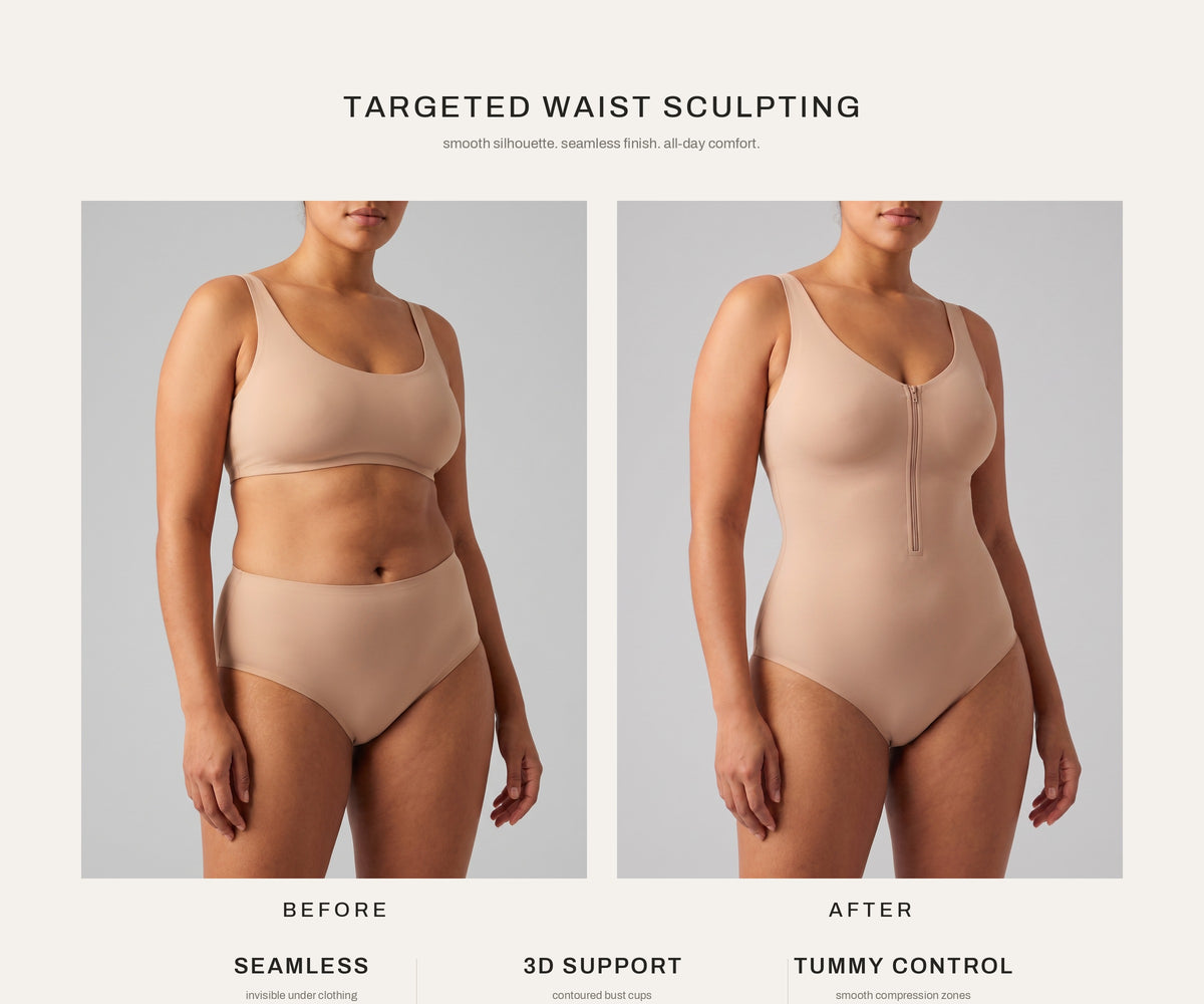 Sculpt Recovery Bodysuit — before and after silhouette benefit graphic