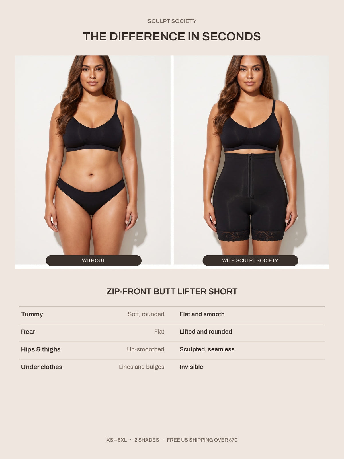 Zip-Front Butt Lifter Short — before and after — what changes